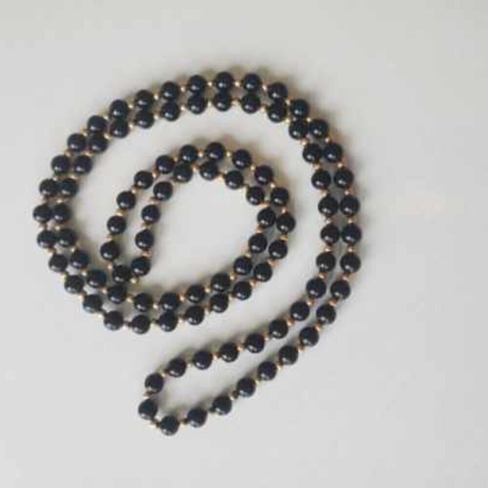 VICTORIAN BLACK ONYX &14K Yellow GOLD Beaded STRAND Necklace Antique f/ 1800's - Picture 5 of 8